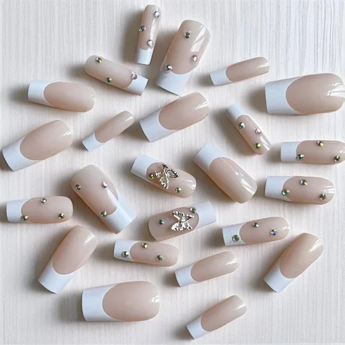 Miniatura 5 de Uñas postizas a presión con punta francesa blanca, uñas postizas largas cuadradas 3D con diamantes de imitación, uñas acrílicas nude, cobertura