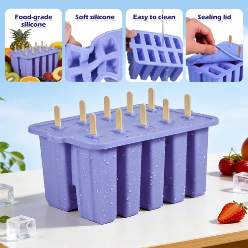 Miniatura 5 de Moldes de silicona morada, 10 cavidades caseras para paletas de hielo, para niños y adultos, de grado alimenticio, sin BPA, con palitos para hacer