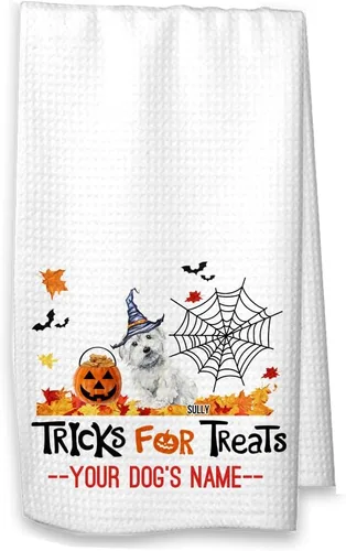 Trucos para golosinas Maltés Halloween Cocina Waffle Toalla Maltesa Decoración de Otoño (Toalla blanca, Maltés con nombre)