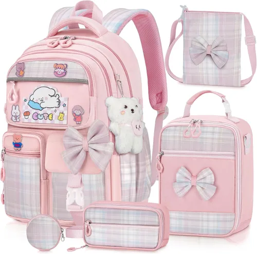 Miniatura 8 de Mochila para niñas con juego de lonchera, 5 piezas, color negro, linda mochila Kawaii para adolescentes, mochila escolar estética para primaria