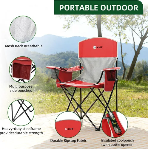 Miniatura 3 de Silla plegable portátil para exteriores con portavasos y bolsa enfriadora, malla transpirable, reposabrazos anchos, diseño ergonómico para 01-rojo
