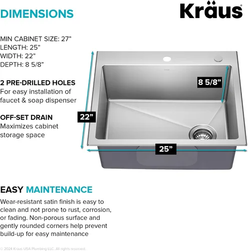 Miniatura 3 de Kraus Fairlane 25-pulgadas Fregadero de cocina de acero inoxidable de calibre 18, de un solo cuenco, para caída/montaje superior, KHT641-25