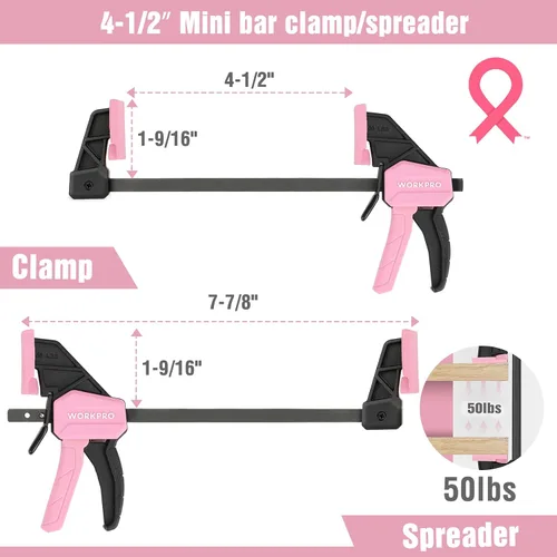 Miniatura 2 de WORKPRO Abrazaderas de Mini Barra para Carpintería, 6" (2) y 4-1/2" (2), Abrazadera/Separador de Una Mano de 4 Piezas, Abrazadera F de Cambio Rápido
