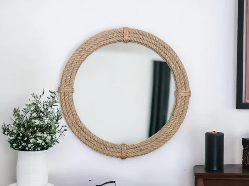 Espejo redondo de yute decorativo para pared con temática náutica de cuerda rústica con lazo para colgar, diseño náutico vintage hecho a mano,