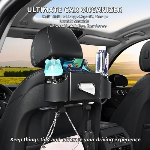 Organizador de asiento trasero de automóvil, organizador de automóvil 4 en 1, asiento trasero con portavasos y caja de pañuelos, organizador de Negro