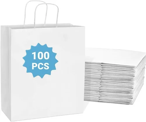 Miniatura 8 de COGLARING 100 bolsas de regalo negras con asas, bolsas de papel kraft de 11 x 5.9 x 11 pulgadas para fiestas, compras, comestibles y comida