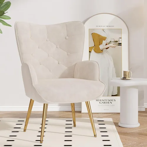 Nalupatio Silla decorativa moderna de mediados de siglo, sillón tapizado de terciopelo con patas de metal, silla auxiliar con respaldo de ala con