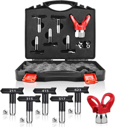 6 puntas de rociador sin aire, puntas de rociador de pintura, protector de puntas y estuche de almacenamiento negro, adecuado para pistola rociadora