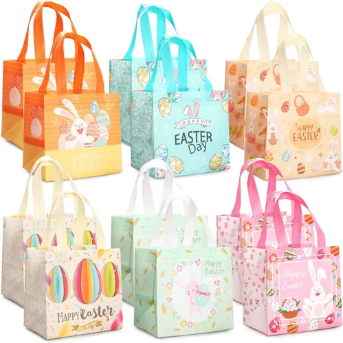 Miniatura 14 de PARSUP 8 bolsas de Pascua con diseño de conejo, zanahoria, huevos de gallina, bolsas no tejidas con asas para envolver regalos, caza de huevos