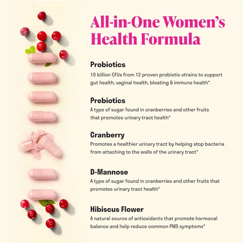Miniatura 5 de Probiótico 3 en 1 para mujer, 60 porciones, 12 cepas únicas, prebióticos, D-manosa y arándano para la salud digestiva, salud vaginal y apoyo