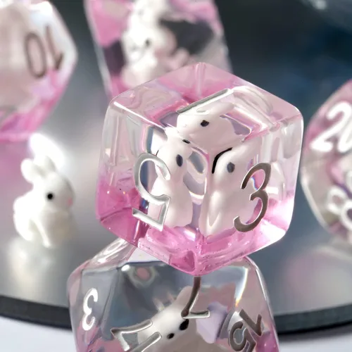 Miniatura 6 de Juego de dados de conejo DND, DNDND 7 dados poliédricos de resina con bolsa de terciopelo para juegos de rol D&D Dungeons and Dragons