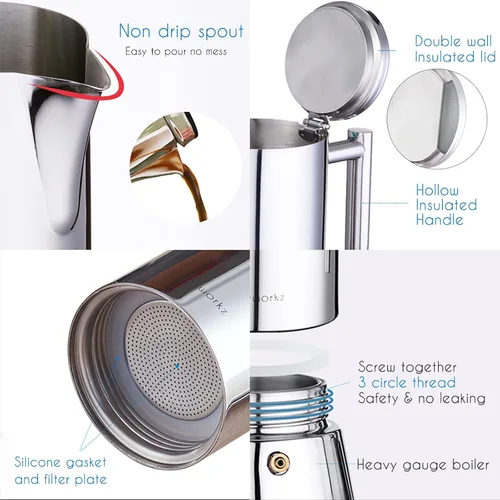 Miniatura 4 de Easyworkz Diego - Máquina de café expreso para estufa, paquete con taza de café expreso de acero inoxidable, juego de 2 tazas de metal