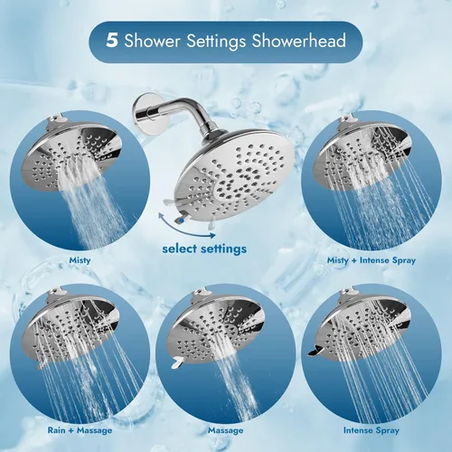 Miniatura 4 de Juego de grifo de ducha para bañera, montado en la pared, cabezal de ducha de lluvia de 5 pulverizaciones de 6 pulgadas con válvula áspera, control