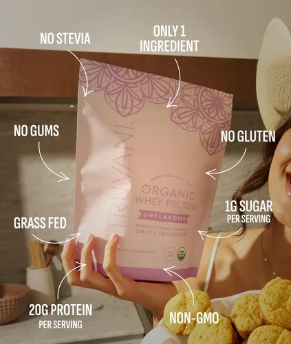 Miniatura 3 de Polvo de proteína de suero orgánico Truvani Sin sabor 20g de proteína de suero alimentado con hierba 20 porciones Orgánico USDA y sin OMG