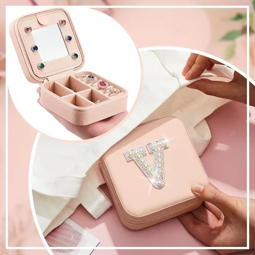 Miniatura 5 de Joyero de viaje con inicial, mini organizador de joyas rosa con espejo, anillo de viaje, aretes, soporte de joyería para mujeres, niñas, mamá