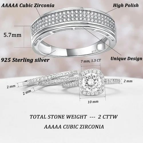 Miniatura 7 de Juego de anillos de boda chapados en oro de 18 quilates con circonita cúbica redonda de 2 quilates para hombre, plata de ley, anillos para pareja