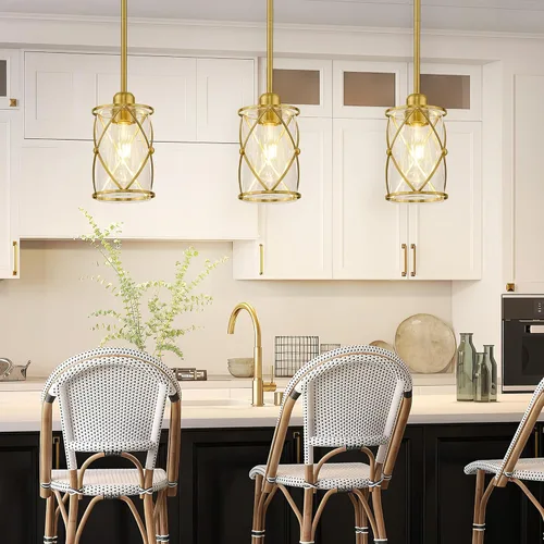 Miniatura 6 de Luces Colgantes de Oro Cepillado para Isla de Cocina Paquete de 3, Iluminación Colgante de Cristal para Cocina sobre Isla con Varilla, Moderna Mini