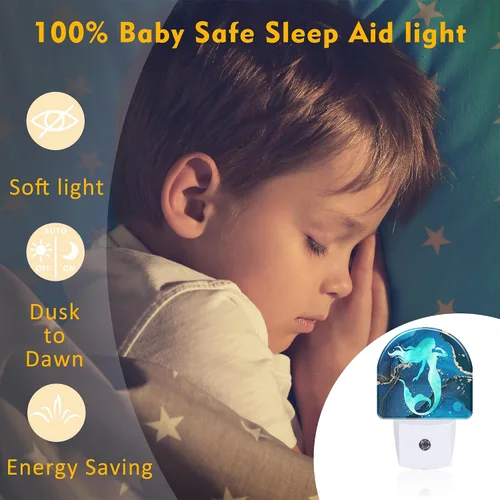Miniatura 5 de Luz nocturna de acuarela turquesa con sirena para niños, luz nocturna de mármol azul marino dorado enchufable con sensor de atardecer a amanecer