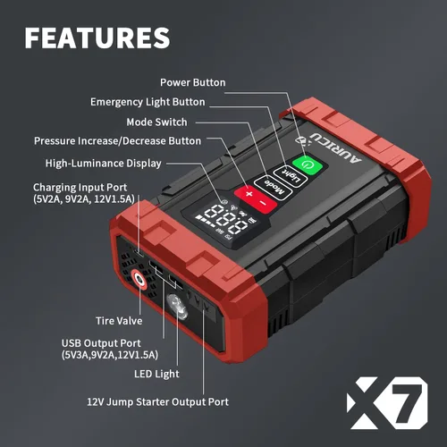 Miniatura 3 de X7 1750A Jump Starter Compresor de aire de 150 PSI Paquete de refuerzo de batería de litio de 12 V, caja de salto portátil, banco de energía