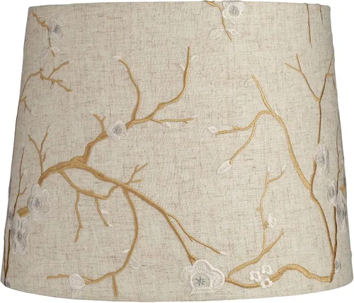 Pantalla de lámpara de tambor grande con bordado de flores de ciruelo beige (premontada) 12 pulgadas superior x 14 pulgadas inferior x 11 pulgadas
