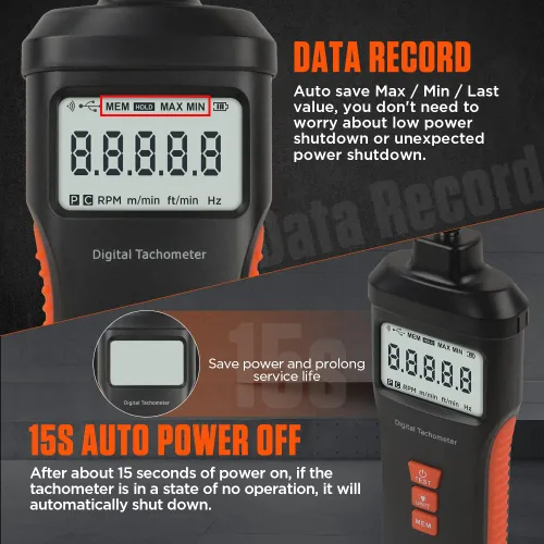 Miniatura 5 de Tacómetro tacómetro digital de contacto y sin contacto 4 modo de prueba Tacómetro de foto láser 1.0 ~ 99999RPM Tacómetro RPM de alta precisión con 4