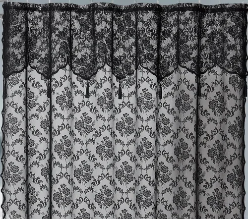Miniatura 3 de Warm Home Designs Cortina de ducha de encaje negro con cenefa adjunta y elegantes borlas. Cortina de ducha extra larga de 72 x 84 pulgadas