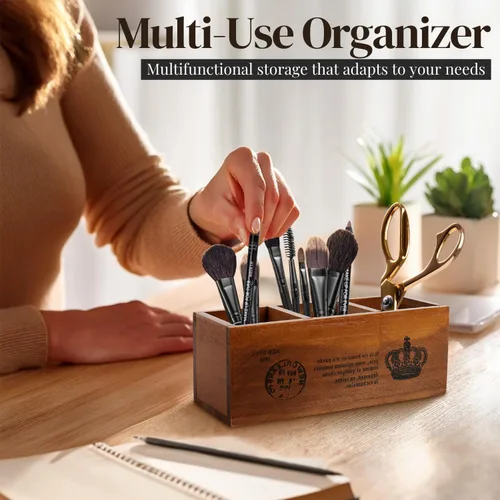 Miniatura 4 de Flexzion Portalápices de madera rústica para oficina, 3 compartimentos, organizador de almacenamiento de escritorio y mesa, soporte multifuncional