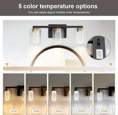 Miniatura 3 de EMONG Lámpara de baño de 3 luces negras y doradas, luces LED regulables de 5 CCT con vidrio transparente, 2700 K-6500 K, luz de tocador de baño
