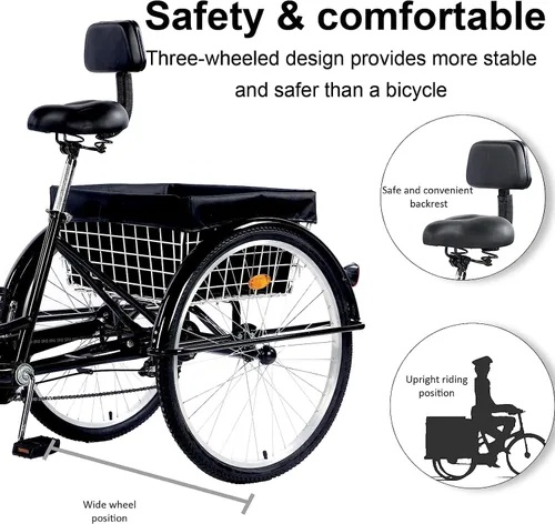 Miniatura 3 de Triciclo para adultos de 24/26 pulgadas, bicicleta de 7 velocidades y 3 ruedas para hombres y mujeres, triciclo de crucero con asiento ajustable