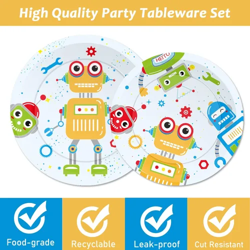 Miniatura 4 de Wiooffen 96 piezas de suministros para fiesta de cumpleaños de robots, platos de papel, servilletas, vajilla desechable, juego de postres