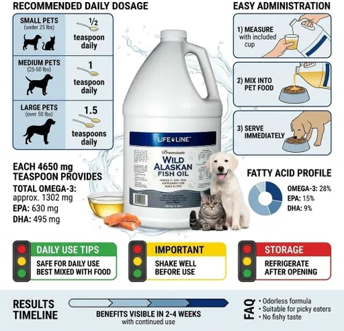 Miniatura 12 de Life Line Pet Nutrition Aceite de pescado salvaje de Alaska para perros y gatos, 128 onzas, suplemento de aceite de pescado Omega 3 para piel