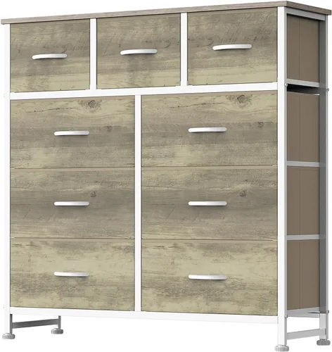 Miniatura 25 de DUMOS Cómoda para dormitorio, organizador de almacenamiento con 9 cajones, cómoda con cubos de tela, marco de metal resistente, mesa de madera