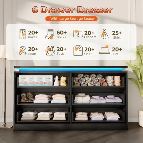 Miniatura 3 de Cómoda Negra Mejorada de 6 Cajones para Dormitorio, Cajonera de 120 cm de Largo con Estación de Carga y Luces LED, Cómoda de Almacenamiento