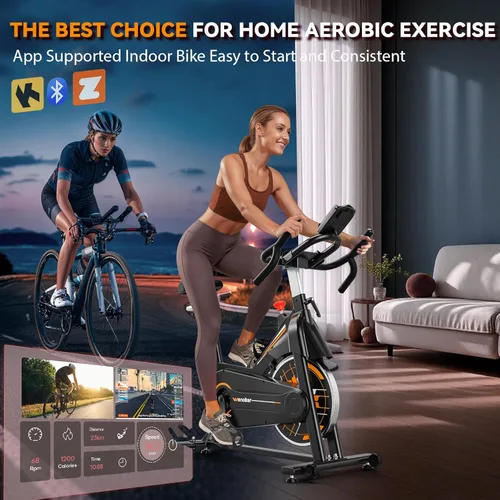 Miniatura 2 de Bicicleta estática Wenoker para el hogar, bicicleta de interior compatible con aplicaciones con asiento ajustable y manillar multiagarre, ruedas
