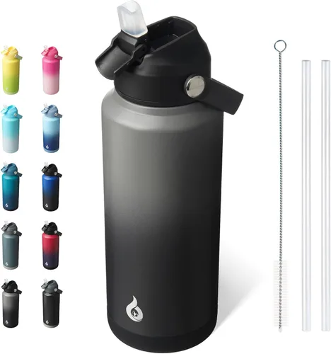 Miniatura 43 de BJPKPK - Botella de agua aislada con tapa de popote, 532 ml Botellas termo con boquilla suave, asa flexible y base antideslizante, libre de BPA, a