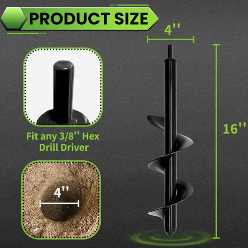 Miniatura 2 de Broca de taladro de servicio pesado de 4"X16" para plantar - Broca en espiral de jardín - Herramienta plantadora de bulbos y excavadora de agujeros