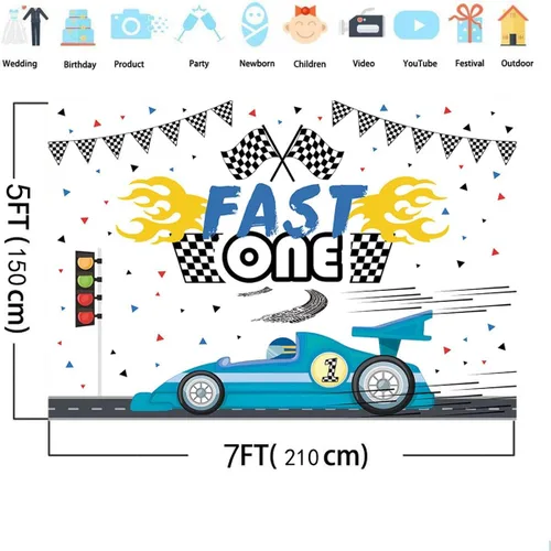 Miniatura 4 de MEHOFOND Fondo de 1er cumpleaños de coche de carreras de 7 x 5 pies, color azul rápido, fiesta de cumpleaños, fotografía de fondo, tema de coche