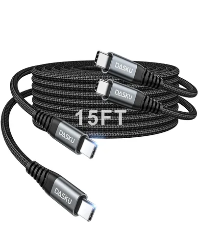 Cable USB C a USB C extra largo de 100 W [paquete de 15 pies/2 unidades] Cable de carga rápida compatible con iPhone 17/17 Pro Max, iPhone 16 Negro