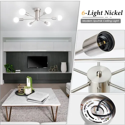 Miniatura 5 de Luminarias de Cocina 6 Luces Luminaria de Techo Montaje en Nickel Moderno Semi Empotrado Iluminación Lámpara Sputnik para Dormitorio Comedor Pasillo