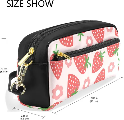 Miniatura 3 de Estuche portátil de gran capacidad con diseño floral de frutas de fresa, bolsa de maquillaje de piel sintética, organizador de maquillaje con asa