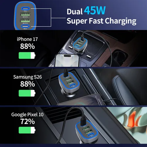 Miniatura 3 de Cargador de coche USB C, Meagoes 4 puertos 90W carga súper rápida, doble 45W USBC y QC3.0 USB 12V adaptador de encendedor de cigarrillos para iPhone