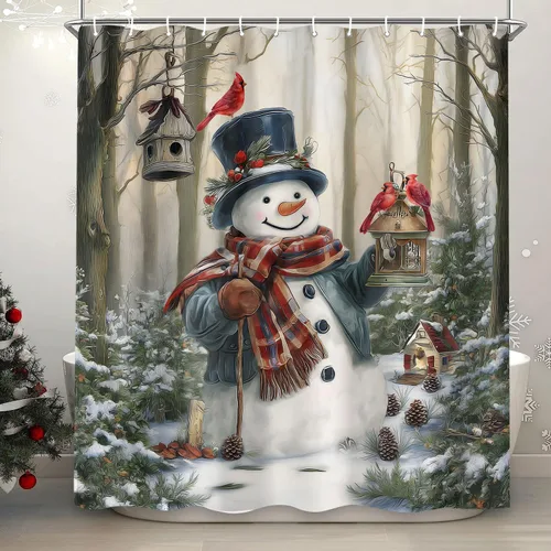 Miniatura 15 de Cortina de ducha de muñeco de nieve de Navidad, bola de Navidad roja, bonita cortina de ducha de muñeco de nieve de invierno, decoración navideña