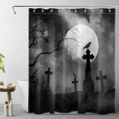 Miniatura 17 de LB Cortina de ducha de feliz Halloween para baño, flamenco rosa y calabaza naranja con sombrero mágico, cortina de ducha de tela con ganchos, juego