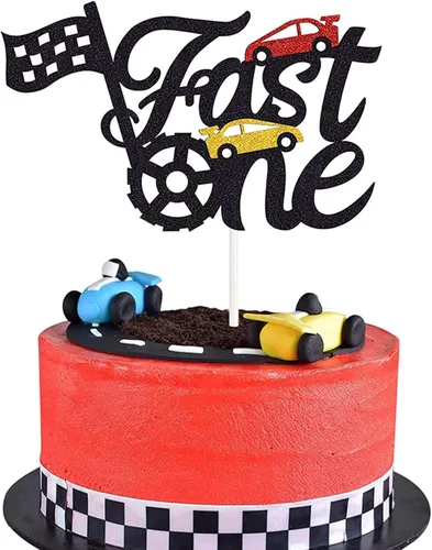 Fast One - Decoración para pastel de primer cumpleaños, decoración de pastel de carreras con purpurina y temática de bandera a cuadros, suministros