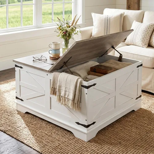 Miniatura 8 de senlin Mesa de café de casa de campo, mesa de café resistente con almacenamiento, mesa central cuadrada de madera con compartimento