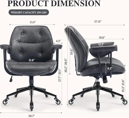 Miniatura 2 de Silla de escritorio de oficina en casa, silla retro de piel sintética con soporte lumbar y ruedas de goma, silla ergonómica de computadora