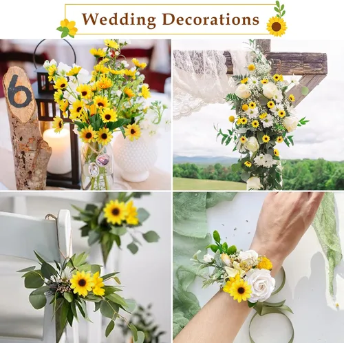 Miniatura 4 de 8 paquetes de girasoles artificiales de seda, mini girasoles de seda, flores amarillas falsas, margaritas gerberas, flores para interiores