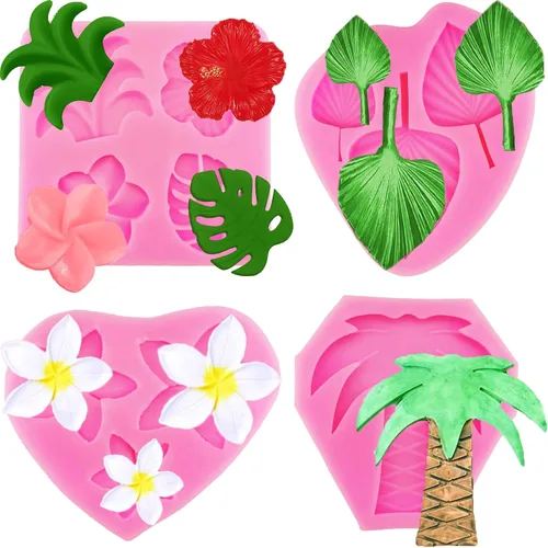 4 moldes de flores tropicales y hojas, molde para fondant de hojas de hibisco, flor de Monstera, hoja de palmera, plumeria, flores, moldes de Rosa