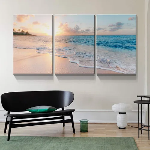 Miniatura 3 de Denozer - Lienzo decorativo de 3 paneles para decoración del hogar, mar azul, puesta de sol y playa, pintura blanca, impresión sobre lienzo, paisaje