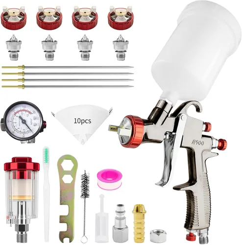 Miniatura 9 de R500 - Pistola de pulverización LVLP con taza mezcladora de 22.0 fl oz y 10 vasos desechables, boquillas de 1.3/1.5/0.067 in, pistola de pintura